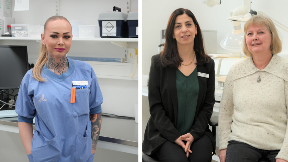 Till vänster Linda Norin i blå sjukhuskläder och till höger Marjan Delavaran Shiraz i svart kostym och Eva Nilsson i svarta byxor och vit tröja.