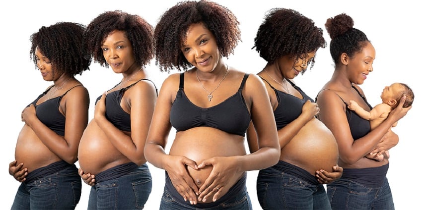 Gravid kvinna olika månader och med bebis