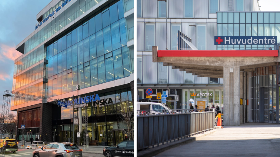 Huvudentréerna till sjukhuset i Solna och i Huddinge