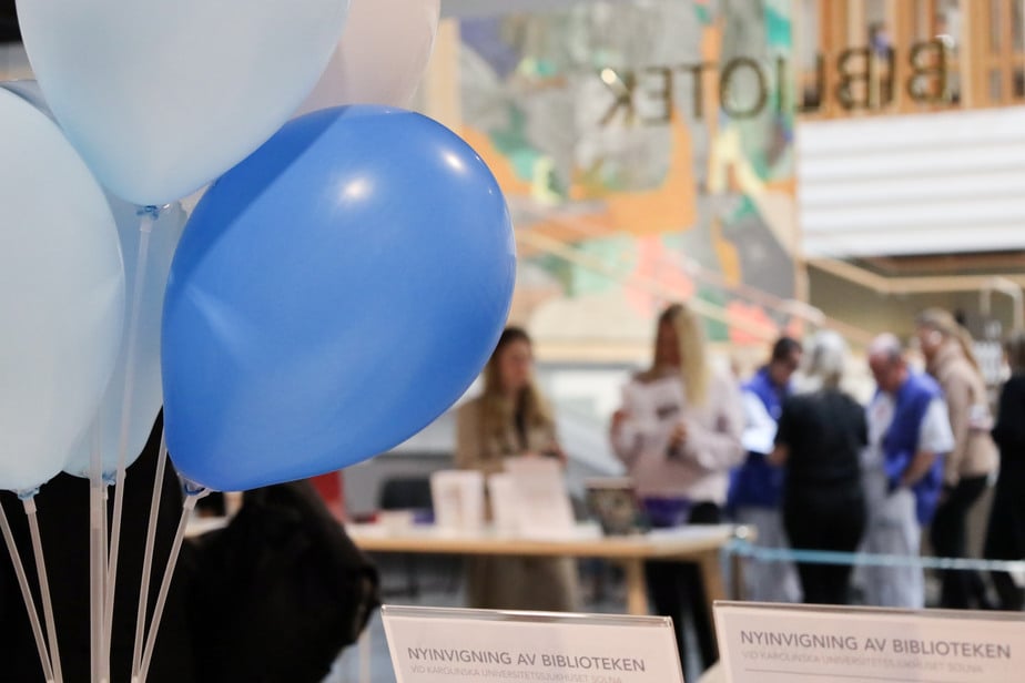 I förgrunden syns blå och vita ballonger, i bakgrunden besökare till eventet
