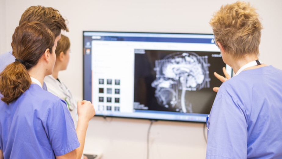 vårdpersonal granskar en röntgenbild på en hjärna