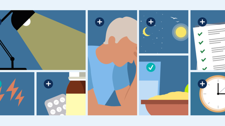 tecknad illustration med olika moduler ur sömnkursen, exempelvis en nattlampa och mediciner