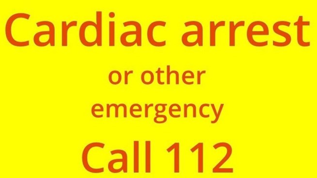 Yellow background and text: cardiac arrest or other emergency call 112