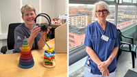 Eva Kindlundh håller i ett par hörlurar och Birgitta Sköld står framför ett fönster.