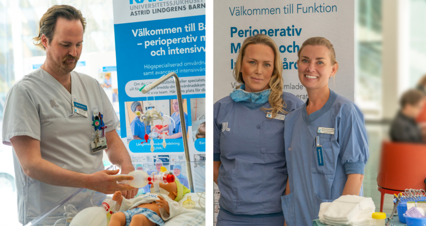 SSK Lukas Eriksson på BIMA och LIVA och Anestesisjuksköterska Magdalena Thodal och operationssjuksköterska Evelina Boström Westin, båda på Funktion PMI