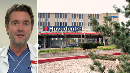 Kollage: Mikael Rydén i vårdkläder bredvid Karolinska Huddinges entré