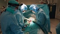 Kirurgerna öppnar huden över operationsområdet med värmekniv.