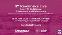 Bild med texten: 5th Karolinska Live Lower GI Endoscopy: Enteroscopy and Colonoscopy With live sessions and dedicated program for physicians and nurses. 16-17 June 2022 - Stockholm, Sweden. Live Meeting, venue: Hilton Slussen karolinskalive.com