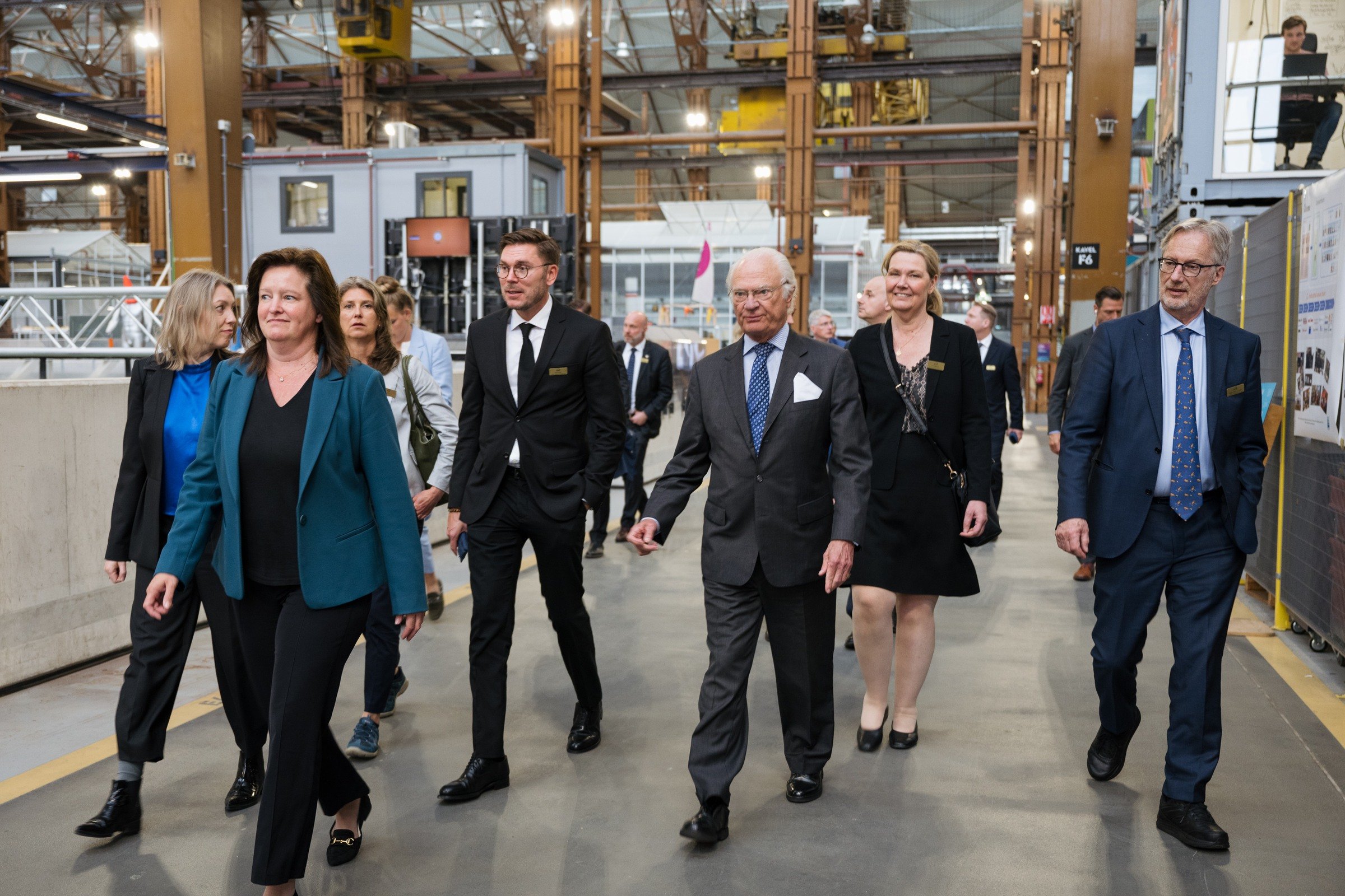 Delegationen kommer gåendes i bredd med kungen i mitten.