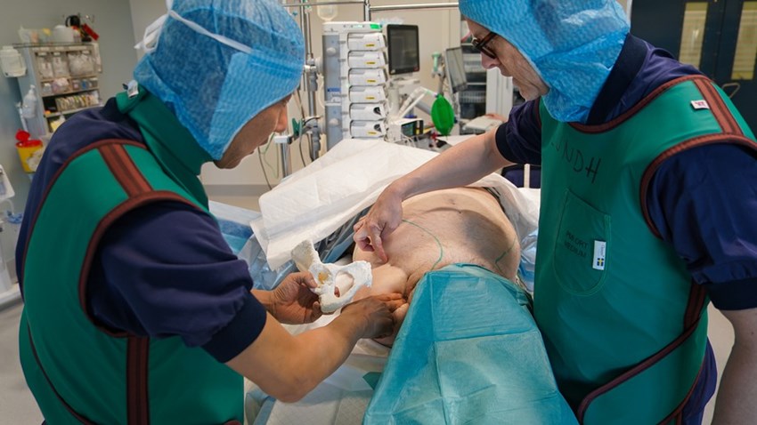 Ortopederna Rickard Brånemark och Yan Li planerar in i det sista med en 3D-printad modell av patientens bäcken. Den har också använts vid en förberedande provoperation.