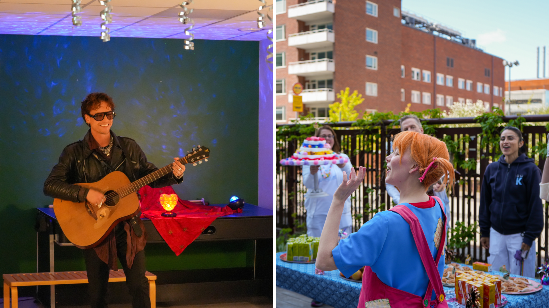Till vänster: Mellostjärnan Greczula spelar akustisk gitarr på Sommarfesten. Till höger: Sång och tårta för Pippi vid 80 årskalaset.