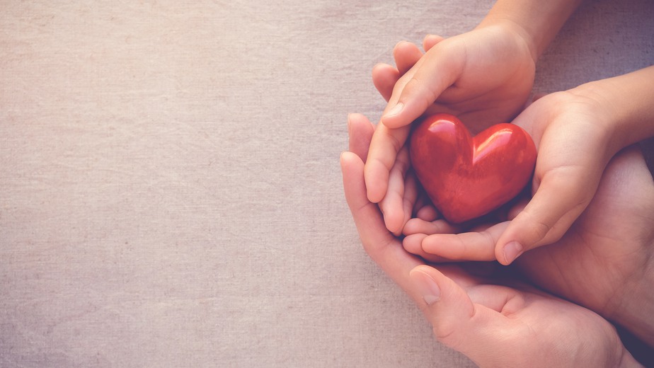 adult and child hands holiding red heart, health care love and family concept