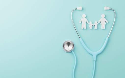 Top view of medical stethoscope and icon family on cyan background. Health care insurance concept. 3d rendering