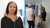 porträtt och bild på kvinnor framför staty
