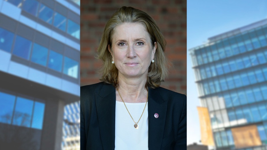 Porträtt av Anna Martling med BioClinicum och Biomedicum i bakgrunden