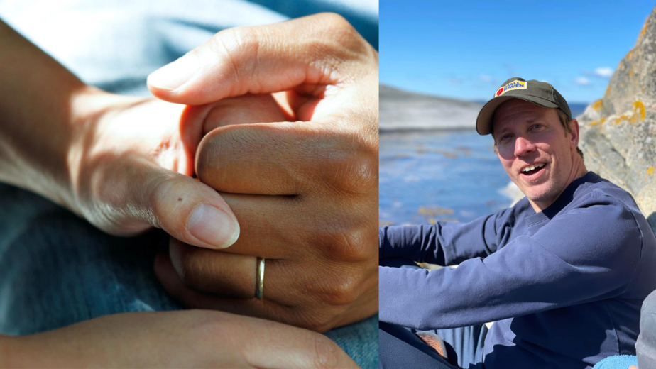 Två händer som kramar om varandra och Eskil sittandes på en klippa vid havet.