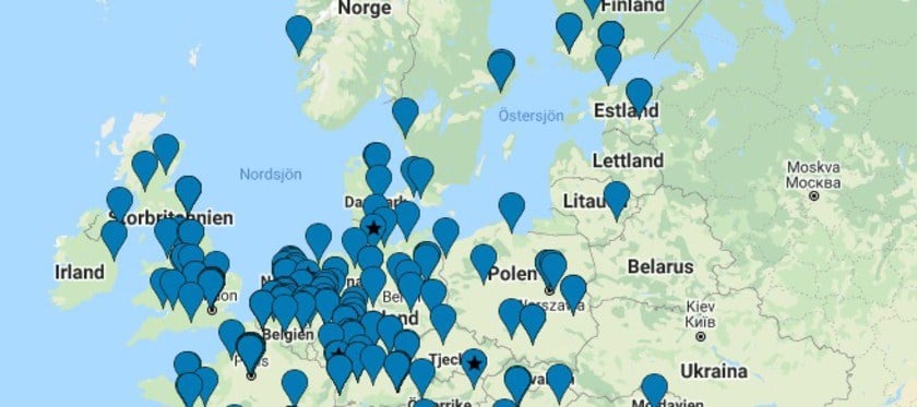 Europakarta med markeringar i vilka länder det finns europeiska referensnätverk  (ERN)