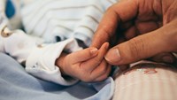 En bebishand håller i en vuxenhand i en säng