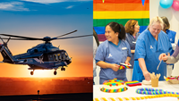 Kollage: Helikopter flyger, och bild på vårdpersonal på  tårtkalas