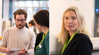 Kollage: Personer pratar med varandra på AI-dagen i Stockholm_personporträtt på en kvinna