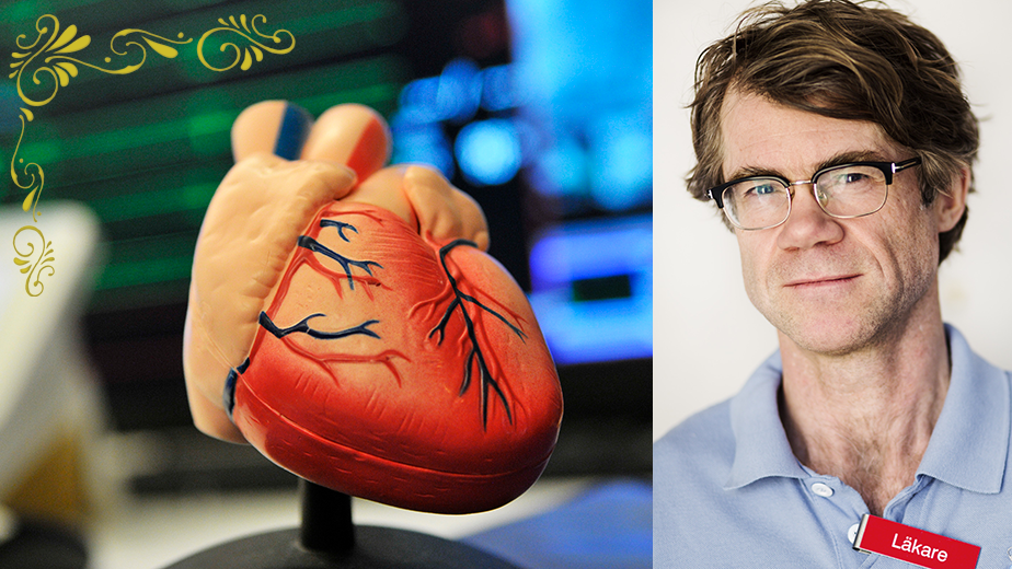 Kollage. En modell av ett hjärta bredvid ett personporträtt av en man